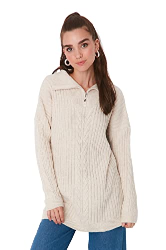 Trendyol Damen High Neck Cable Knit Relaxed Modest Sweater Pullover, Stone, S von TRENDYOL