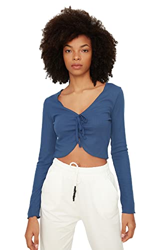 Trendyol Damen Indigo-Fensterladen detaillierte gestrickte Bluse Blouse, Indigo, L von TRENDYOL