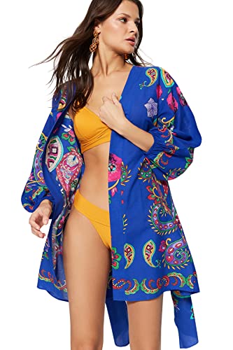 Trendyol Damen Kimonos und Kaftans mit V-Ausschnitt, regulärer Schnitt, Blau-Mehrfarbig, 36 von TRENDYOL