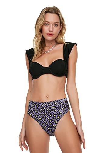 Trendyol Damen Leopard Patterned High Waist Six Bikini Bottoms, Lila, 36 EU von TRENDYOL