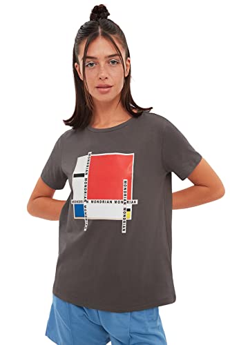 Trendyol Damen License Regular Standard Rundhals Knit T-Shirt Hemd, anthrazit, Small von TRENDYOL