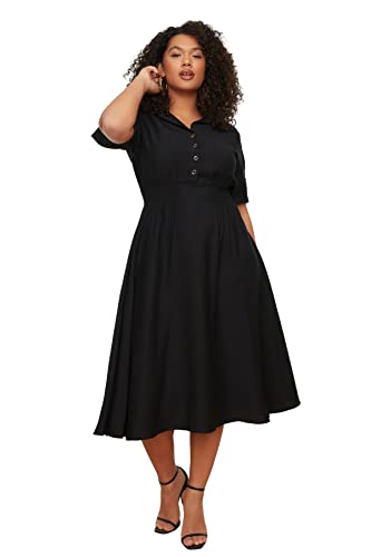 Trendyol Damen Midi A-line Relaxed Fit Woven Plus Size Dress Kleid, Schwarz, 46 von TRENDYOL