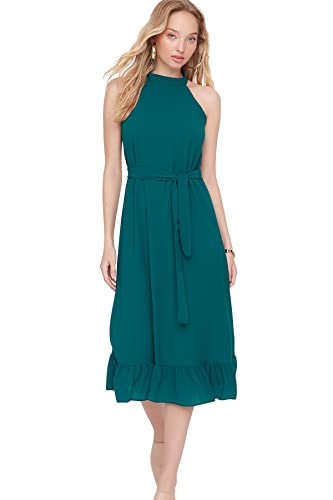Trendyol Damen Midi Ruffle Hem Regular Dress Kleid, smaragdgrün, 68 von TRENDYOL