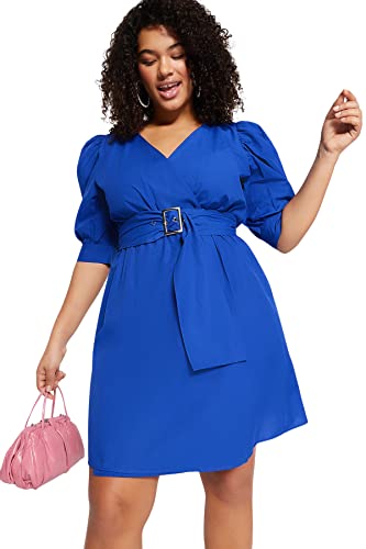 Trendyol Damen Mini Wrapover Regular fit Woven Plus Size Dress Kleid, Blue, 46 (Übergröße) von TRENDYOL