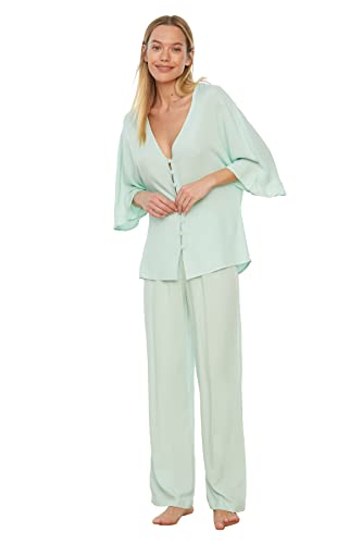 Trendyol Damen Mint Handles Frilly Viscose Woven Pajama Set, Mint, 38 EU von TRENDYOL