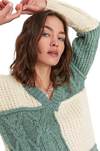 Trendyol Damen Normaler Pullover mit Rundhalsausschnitt und Colorblock Sweatshirt, Mint, S von TRENDYOL