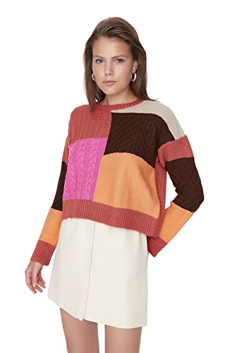 Trendyol Damen Normaler Pullover mit Rundhalsausschnitt und Colorblock Sweatshirt, Orange, M von TRENDYOL