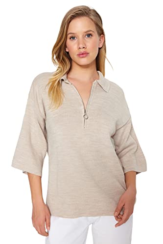 Trendyol Damen Oversize Basic Stehkragen Strickwaren Pullover, Stone, S von TRENDYOL