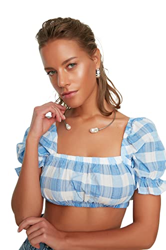 Trendyol Damen Plaid Ballon Sleeve Crop Bluse Blouse, Blau, 42 EU von TRENDYOL