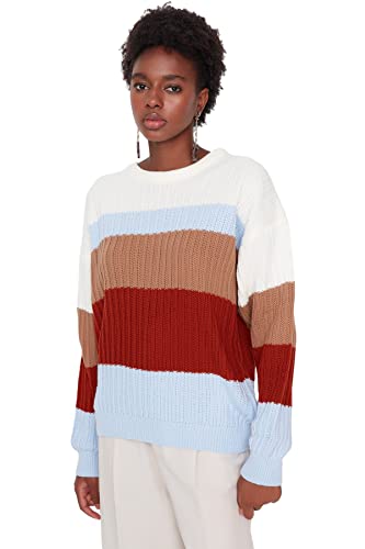 Trendyol Damen Oversize-Pullover mit Rundhalsausschnitt und Colorblock Sweatshirt, Natur, 38 von TRENDYOL