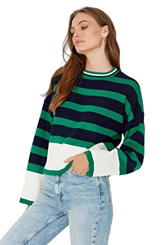 TRENDYOL Damen Pullover mit Rundhalsausschnitt, Colorblock-Schnitt Sweatshirt, Grün, S von TRENDYOL