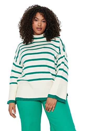 Trendyol Damen Pullover mit Rundhalsausschnitt, gestreift, regulär, Übergröße Sweatshirt, grün, 54 von TRENDYOL