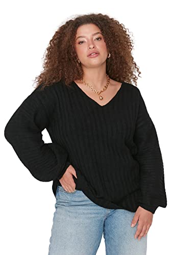 Trendyol Damen Pullover mit V-Ausschnitt, einfarbig, entspannt, Übergröße Sweatshirt, Schwarz, 4XL Größen von TRENDYOL