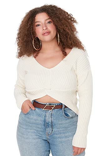Trendyol Damen Pullover mit V-Ausschnitt, einfarbig, regulär, Übergröße Sweatshirt, Stone, 3XL von TRENDYOL