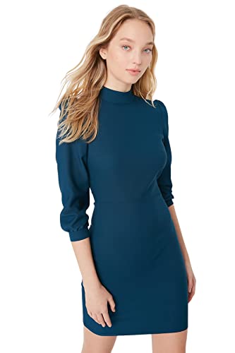 Trendyol Damen Regular Bodycon Stehkragen Webstoff Kleid, Petrol, 34 von TRENDYOL