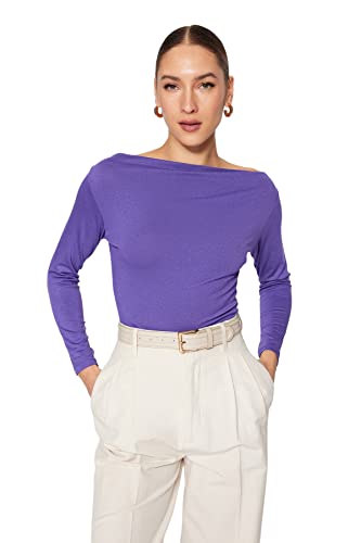 Trendyol Damen Regular Bodycon U-Boot Gestrickt Bluse, Zwetschge, L von TRENDYOL