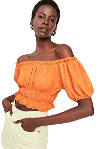 Trendyol Damen Regular Fit Basic Carmen Kragen Strickbluse, Orange, Small von TRENDYOL