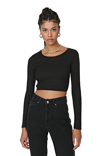 Trendyol Damen Regular Fit Basic Rundhals Strickbluse Hemd, Schwarz, XS von TRENDYOL