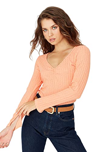 Trendyol Damen Regular Standard V-Ausschnitt Strickbluse Hemd, Lachsfarben, X-Large von TRENDYOL
