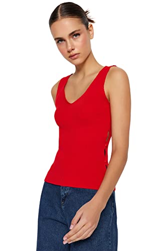Trendyol Damen Regular U Slim Fit Basic V-Ausschnitt Strickwaren Bluse, rot, Small von TRENDYOL