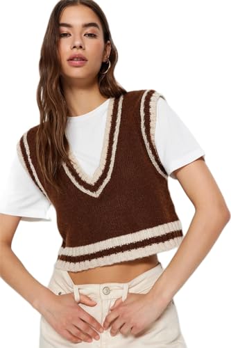 Trendyol Damen Regular fit Basic V Neck Knitwear Sweater Pullover, Brown, S von TRENDYOL