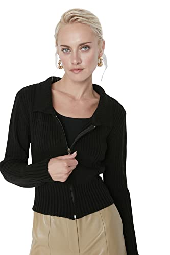 Trendyol Damen Reverskragen, einfarbig, Normale Strickjacke Pullover, Schwarz, S von TRENDYOL