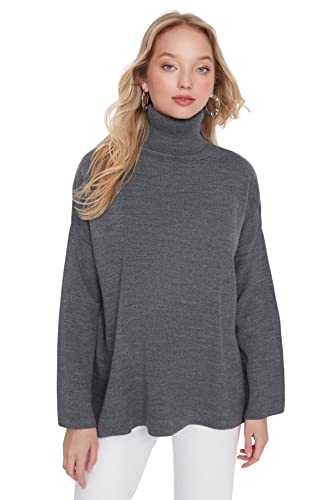 Trendyol Damen Rollkragenpullover, einfarbig, Oversize Sweatshirt, grau, M Trendyol Damen Rollkragenpullover, einfarbig, Oversize Sweatshirt, grau, M von TRENDYOL