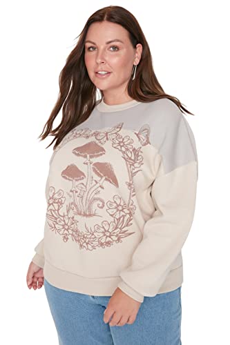 Trendyol Damen Rundhalsausschnitt Plain Regular Plus Size Sweatshirt, beige, XXL Größen von TRENDYOL