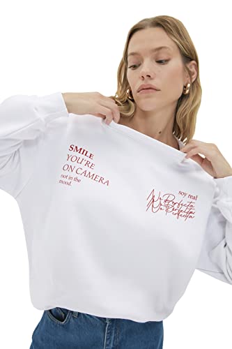 Trendyol Damen Rundhalsausschnitt und Slogan Regular Sweatshirt, weiß, 42 von TRENDYOL