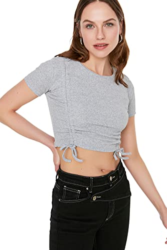 Trendyol Damen Schrumpfen Sie Detaillierte Flyillated Crop Gestrickte Bluse Blouse, Gray, L EU von TRENDYOL