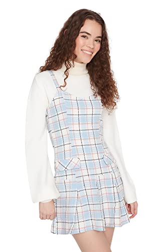 Trendyol Damen Slim A-Linie Tiefer Rundhals Webstoff Kleid, Blau, 36 EU von TRENDYOL