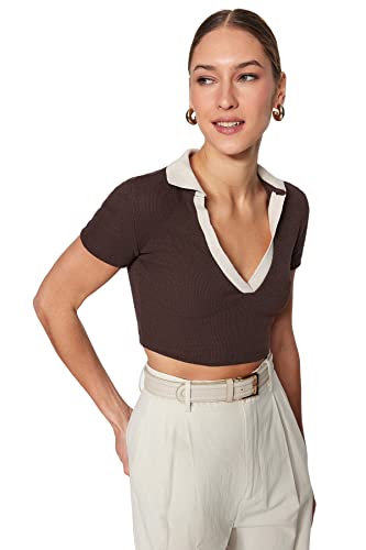 Trendyol Damen Slim Fit Basic Polo Neck Knit Bluse Hemd, braun, Large von TRENDYOL