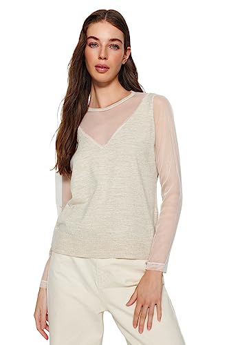 Trendyol Damen Slim fit Basic Crew Neck Knitwear Sweater Pullover, Beige, M von TRENDYOL