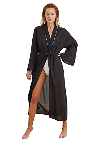 Trendyol Damen Strandmode, regulär, Basic, V-Ausschnitt, gewebte Kimonos und Kaftans, Schwarz, 42 von TRENDYOL
