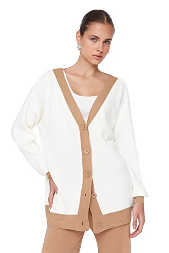 Trendyol Damen Strickjacke, Normale Passform, V-Ausschnitt, Strickwaren Pullover, Natur, M von TRENDYOL