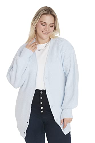 Trendyol Damen Strickjacke mit V-Ausschnitt, einfarbig, entspannt, Übergröße Pullover, blau, XL Größen von TRENDYOL