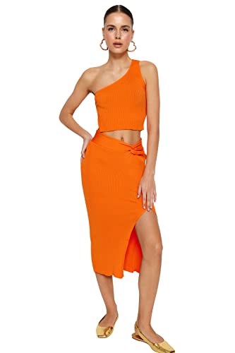 Trendyol Damen Strickwaren, einfarbig, dünn, zweiteilig Hemd, Orange, S von TRENDYOL