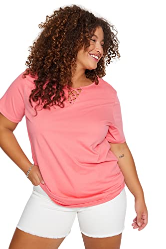 Trendyol Damen T-Shirt mit V-Ausschnitt, Standardgröße, gewebt, Übergröße Hemd, Rose, XX-Large Plus von TRENDYOL