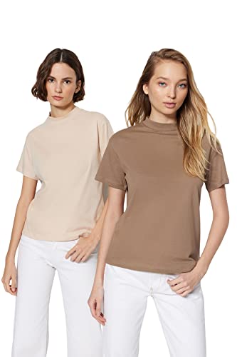 Trendyol Damen TWOSS20TS1500 Basics Regular Fit Basic Stehkragen Strick T-Shirt, Beige, S von TRENDYOL
