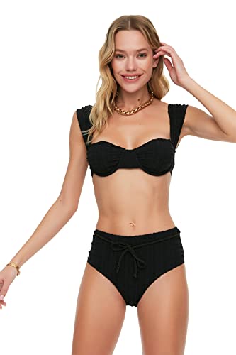 Trendyol Damen Textured Curved High Waist Bikini Bottoms, Schwarz, 42 EU von TRENDYOL