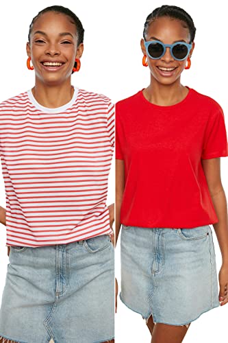 Trendyol Damen Trendyol - 100% Baumwolle Suprem Bike Collar 2 Paket gestricktes T-Shirt - T-Shirt, Red-Multicolor, S von TRENDYOL