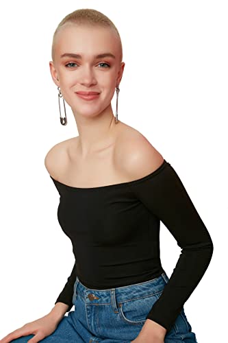 Trendyol Damen Trendyol Carmen Kragen Crop gestrickte Bluse Blouse, Black, XS von TRENDYOL