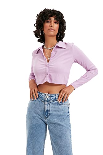 Trendyol Damen Trendyol-Fliesenknopf Polo-Kragen Blouse, Lila, L von TRENDYOL