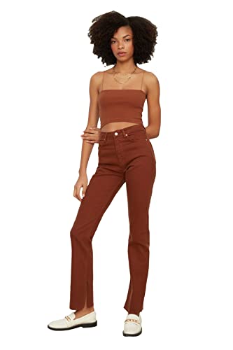 TRENDYOL Damen Trendyol Rip Hohe Taille Slim Flare Jeans Jeans Palazzo, Brown, 38 von TRENDYOL