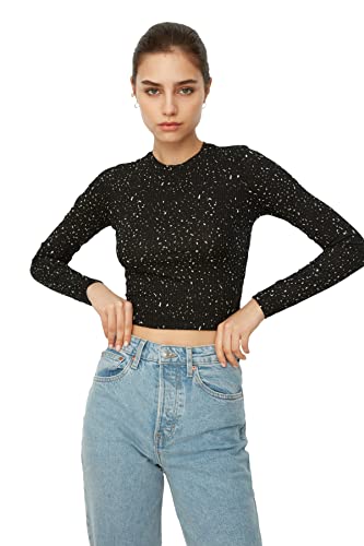 TRENDYOL Damen Trendyol Meine Meeräsche Crop Gestrickte Bluse Blouse Westlich, Schwarz, L von TRENDYOL