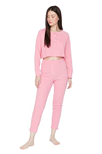 Trendyol Damen Unifarben Mitte Gestrickt T-Shirt-Hose Pyjama, Rosa, M von TRENDYOL