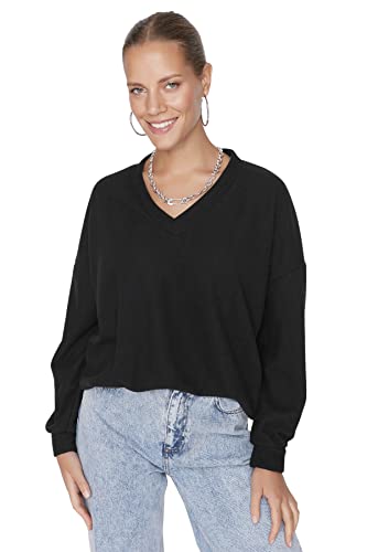 Trendyol Damen V-Ausschnitt Einfarbig Oversize Sweatshirt, Schwarz, 32 von TRENDYOL