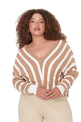 Trendyol Damen V-Ausschnitt Gestreifter Oversize Plus Size Pullover Sweatshirt, Camel, 4X-Large von TRENDYOL