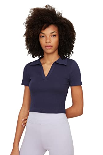 Trendyol Damen V-neck Crop Gestrickte Bluse Blouse, Navy, L EU von TRENDYOL