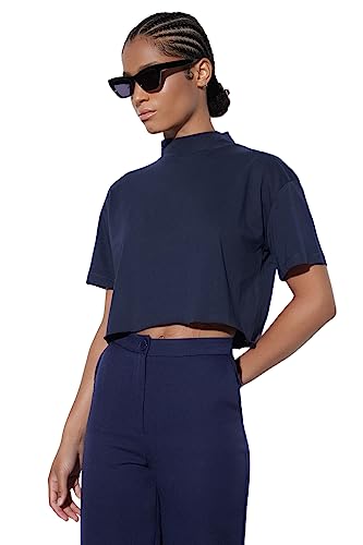 Trendyol Damen Woman Basics Regular Fit Basic High Neck Knit T-Shirt Hemd, Marineblau, XS von TRENDYOL